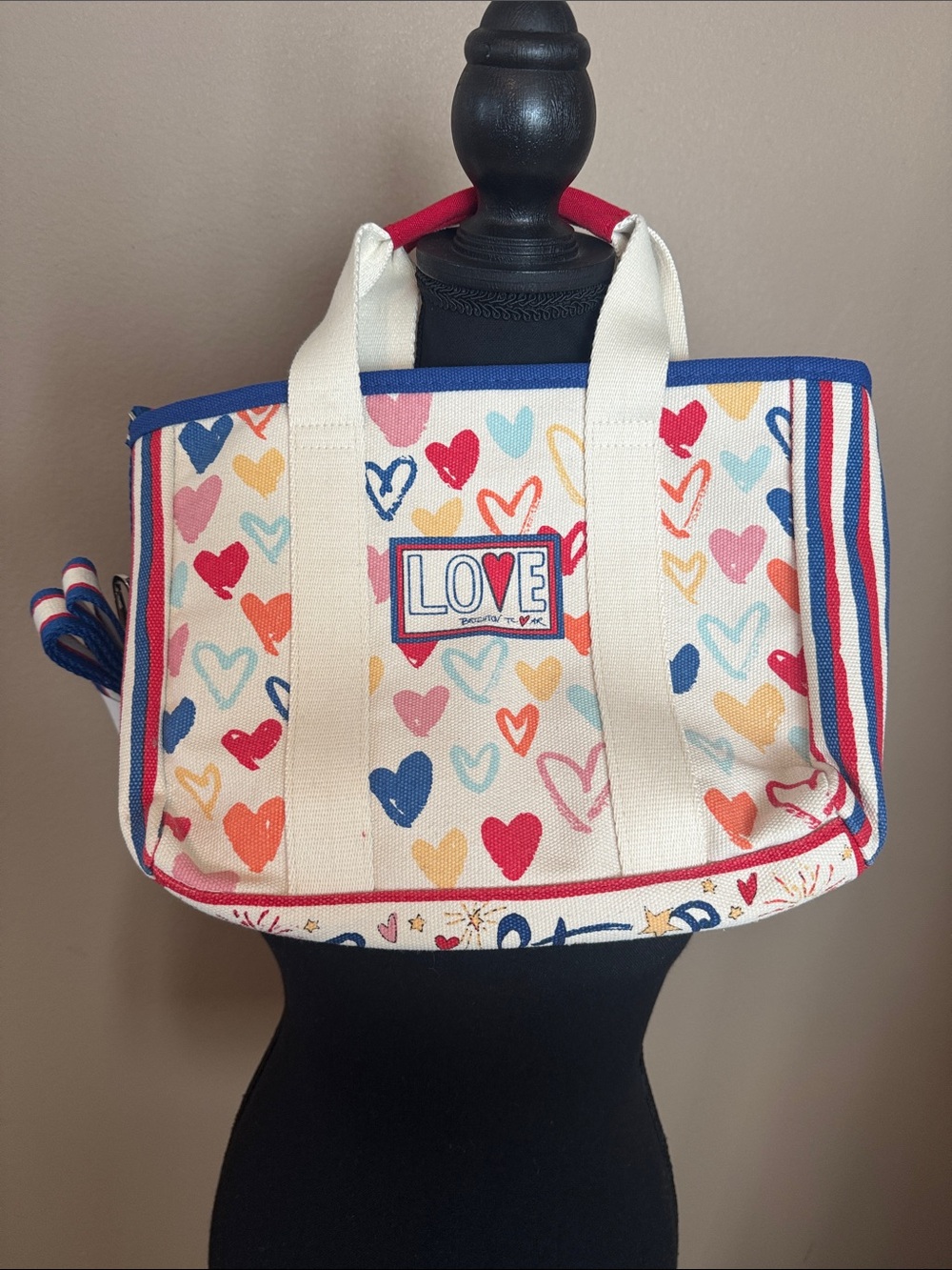 Brighton New Love Canvas Tote with Multicolor Heart Print and Blue Trim